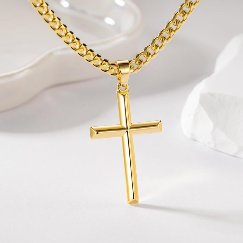 14K Gold Plated Cross Necklace with Cuban Chain for Men