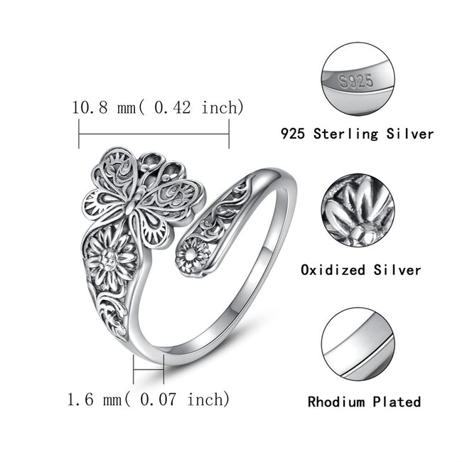 Sterling Silver Butterfly Spoon Ring Women Vintage Victorian Style Antique Flower Thumb Rings Jewelry Gifts for Mom Grandma