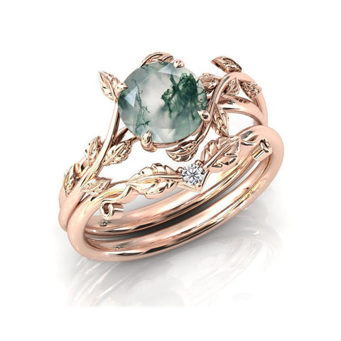 Natural Moss Agate Ring 925 Sterling Silver Moss Agate Engagement Ring Set Promise Wedding Ring Jewelry Gift for Women