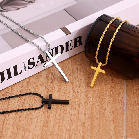 Sterling Silver Cross Pendant Necklace with Stainless Steel 2.5mm Rope Chain