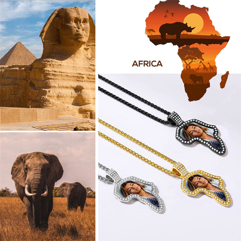 Copper Cubic Zirconia Personalized Photo African Map Pendant Necklace