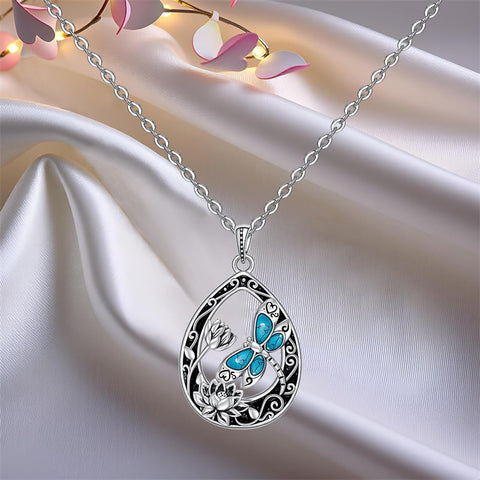 Sterling Silver Turquoise Filigree Lotus Flower Dragonfly Pendant Necklace