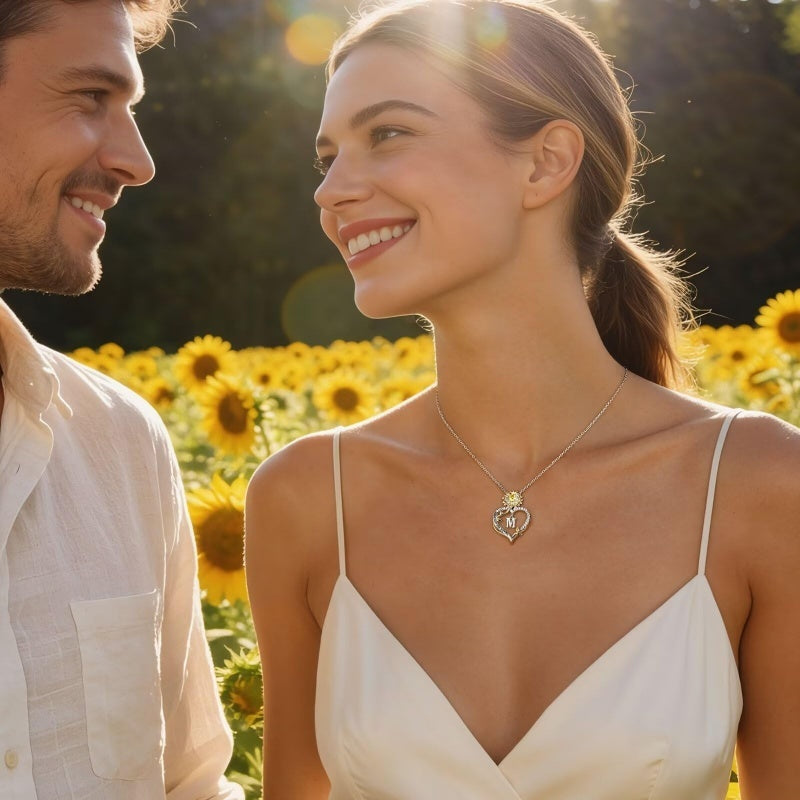 14K Gold Plated Initial Sunflower Pendant Necklace Engraved with You Are My Sunshine