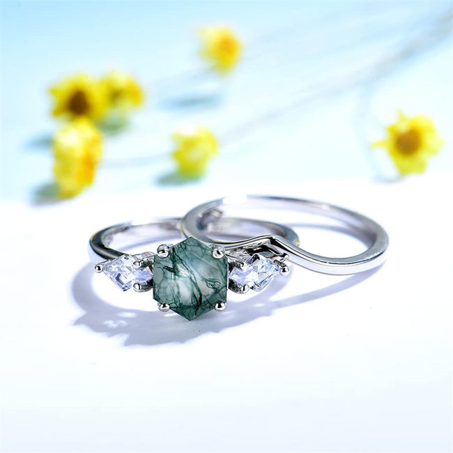 Natural Moss Agate Gemstone Genuine 925 Sterling Silver Ring for Women Hexagon Cut Women's Ring Set for Engagement Wedding Jewelry