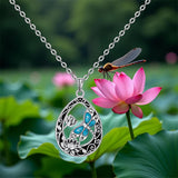 Sterling Silver Turquoise Filigree Lotus Flower Dragonfly Pendant Necklace