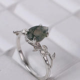 Pear Shaped Natural Moss Agate Rings 1CT Platinum Plated Silver 10K 14K 18K Gold Leaf Anniversary Engagement Rings