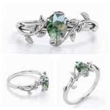 Pear Shaped Natural Moss Agate Rings 1CT Platinum Plated Silver 10K 14K 18K Gold Leaf Anniversary Engagement Rings