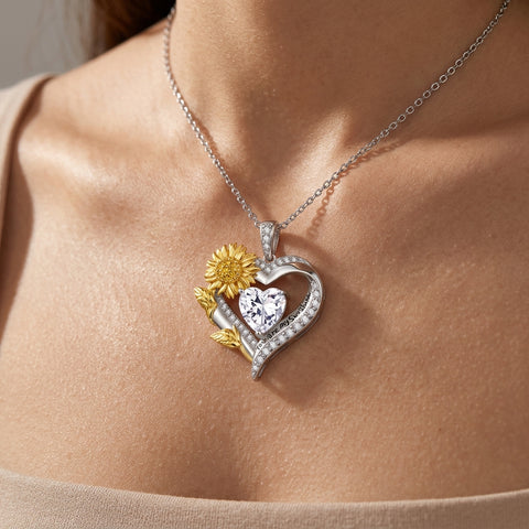 Sterling Sliver Birthstone Love Heart & Sunflower Pendant Necklace Engraved With You Are My Sunshine