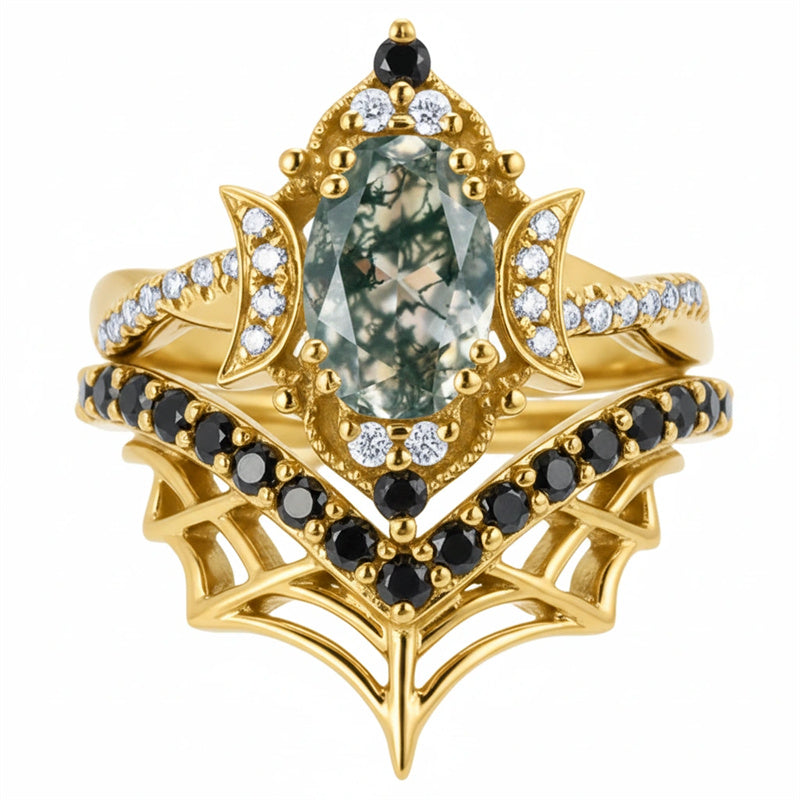 Sterling Silver 10K 14K  18K Gold Personalized Engraved Moss Agate Gothic Promise Wedding Engagement Black Ring Set