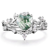 Sterling Silver 2CT Heart Green Moss Agate Wedding Engagement Ring Set for Women