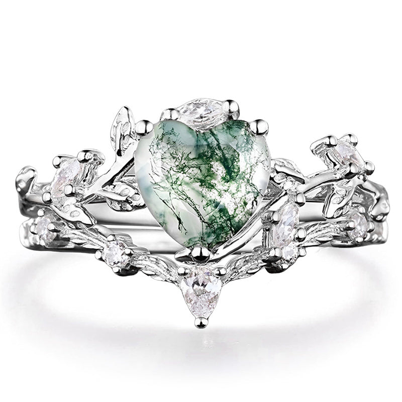 Sterling Silver 2CT Heart Green Moss Agate Wedding Engagement Ring Set for Women