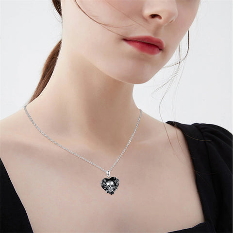 Sterling Silver Heart Crystal Shaped Rose & Skull  Pendant Necklace