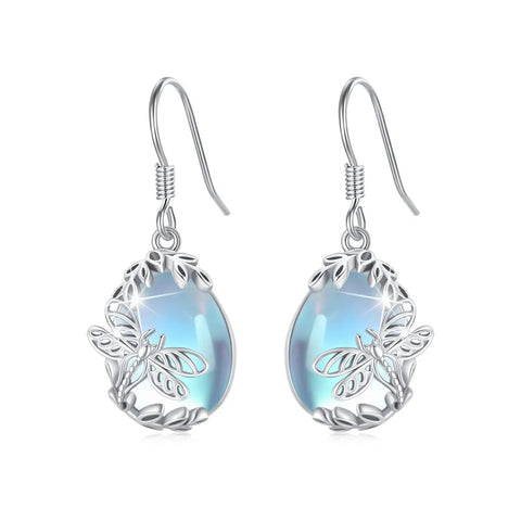 Sterling Silver Moonstone Dragonfly Animal Earrings