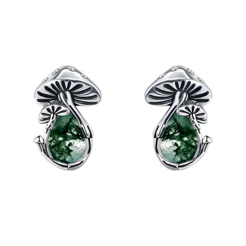 Sterling Silver Moss Agate Mushroom Stud Earrings
