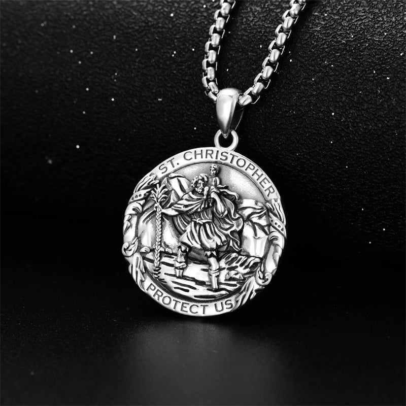 Sterling Silver Round Saint Christopher Pendant Necklace with Engraved ...