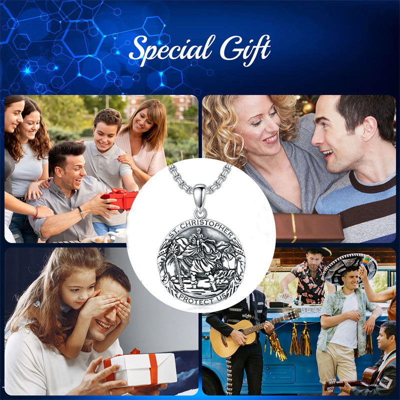 Sterling Silver Round Saint Christopher Pendant Necklace with Engraved ...