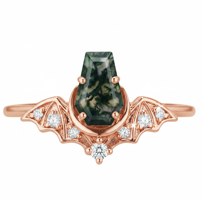 Sterling Silver 10K 14K  18K Gold Personalized Engraved Moss Agate Gothic Promise Wedding Engagement Black Ring Set
