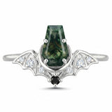 Sterling Silver 10K 14K  18K Gold Personalized Engraved Moss Agate Gothic Promise Wedding Engagement Black Ring Set