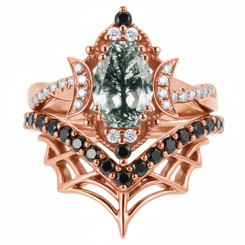 Sterling Silver 10K 14K  18K Gold Personalized Engraved Moss Agate Gothic Promise Wedding Engagement Black Ring Set