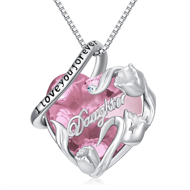 S925 Sterling Silver Daughter Heart Pendant Necklace from Dad Mom I Love You Forever Jewelry