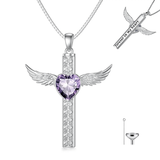 Cross Urn Necklaces for Ashes for Women S925 Sterling Silver Wing Cross Memorial Keepsake Urn Pendant with Heart Crystal