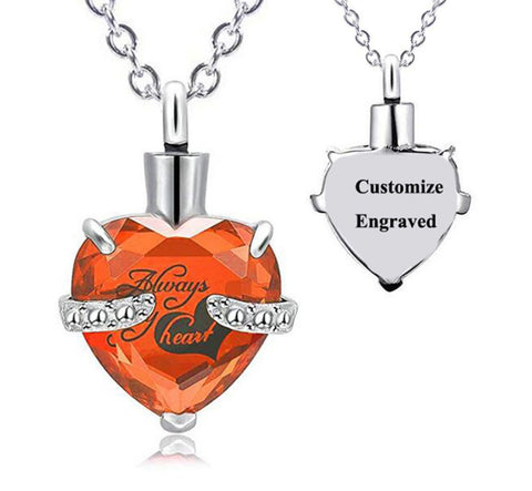 Custom Engraved Ashes Urn Necklace Birthstone Heart-shaped Month Birthday Stone Keepsakes for Ashes Cremation Jewelry