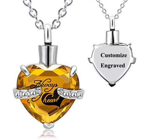 Custom Engraved Ashes Urn Necklace Birthstone Heart-shaped Month Birthday Stone Keepsakes for Ashes Cremation Jewelry