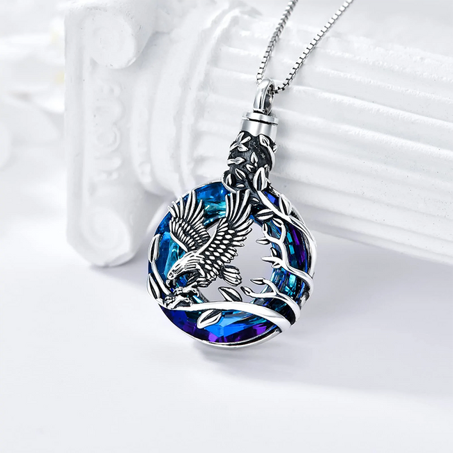 Cremation Jewelry Sterling Silver Eagle Urn Necklace for Ashes with Blue Circle Crystal Memorial Keepsake w/Funnel Filler Memorial Jewelry