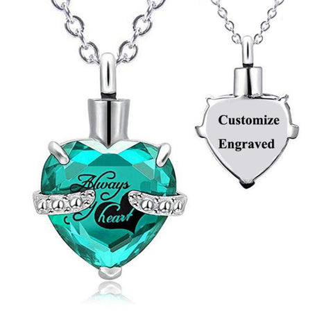 Custom Engraved Ashes Urn Necklace Birthstone Heart-shaped Month Birthday Stone Keepsakes for Ashes Cremation Jewelry