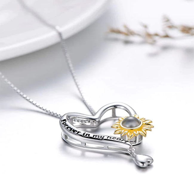 925 Sterling Silver I Love You in 100 Languages Projection Necklace, Forever in My Heart Sunflower Heart Pendant Necklace for Women