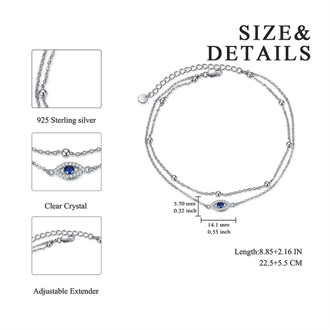 Double Layered Chain 925 Sterling Silver Evil Eye Anklet for Girls Women Summer Beach Bead Ankle Bracelet