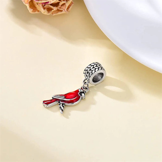 Red Cardinal Bird Charm 925 Sterling Silver Dangle Bead Fit Bracelet "Our Love Never Dies" Gifts for Women