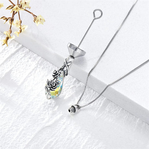 Sterling Silver Crystal Rose Sunflower Flower Urn Necklace for Ashes