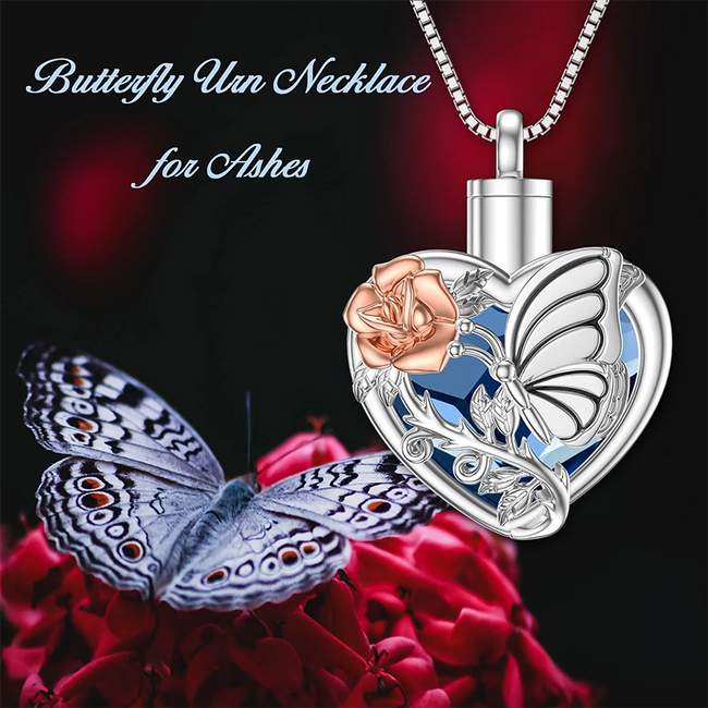 Butterfly/Dragonfly Urn Necklace for Ashes Sterling Silver Cremation Necklace with Blue Heart Crystal Cremation Jewelry