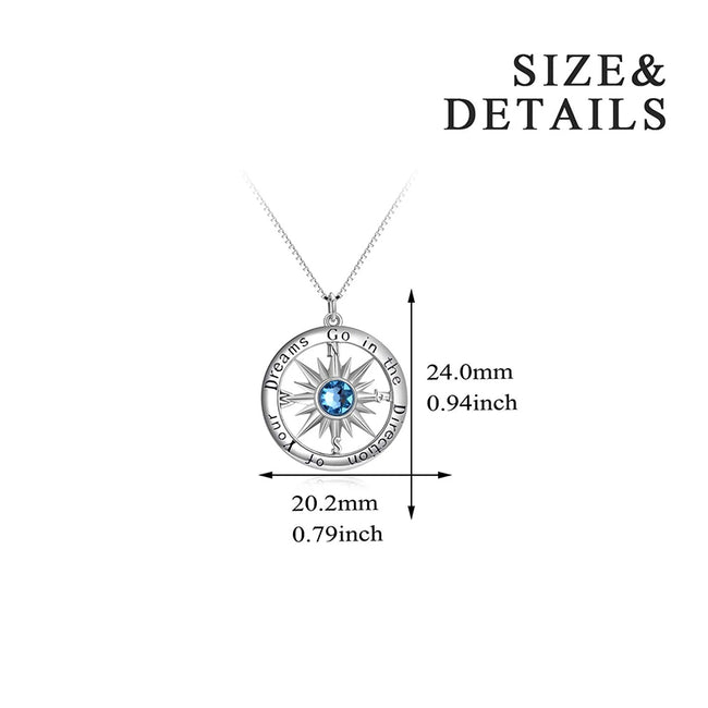 Inspirational Gift Sterling Silver Compass Necklace with Birthstone Crystal for Men & Women Graduation Gift