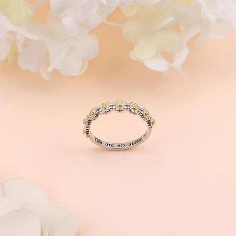 Sterling Silver Daisy Flower Nature Ring Engraved With You Are My Sunshine