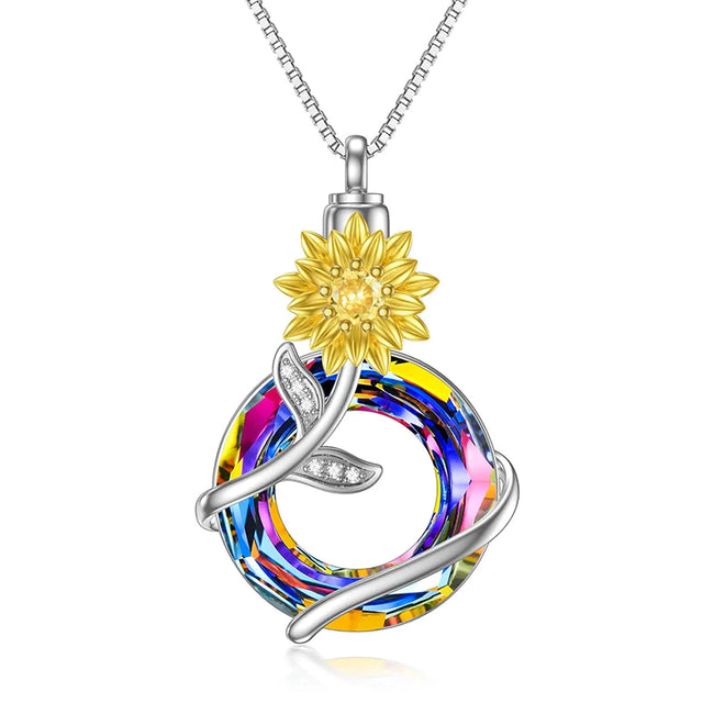 Sunflower Urn Necklace for Ashes 925 Sterling Silver with Crystal Cremation Necklace Memorial Jewelry Keepsake for Women