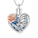 Butterfly/Dragonfly Urn Necklace for Ashes Sterling Silver Cremation Necklace with Blue Heart Crystal Cremation Jewelry