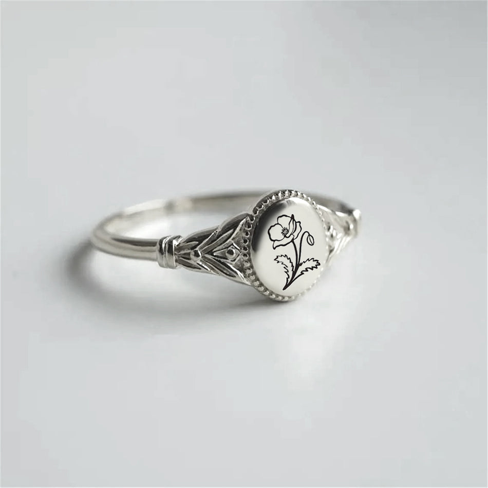 925 Sterling Silver Birth Flower Ring Vintage Flower Signet Ring Mother's Day Gift