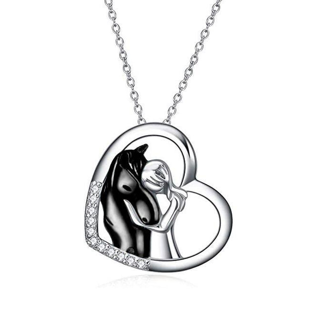 925 Sterling Silver Horse with Girl Heart Pendant Necklace for Girls, Teens, Women, Daughter, Girlfriend
