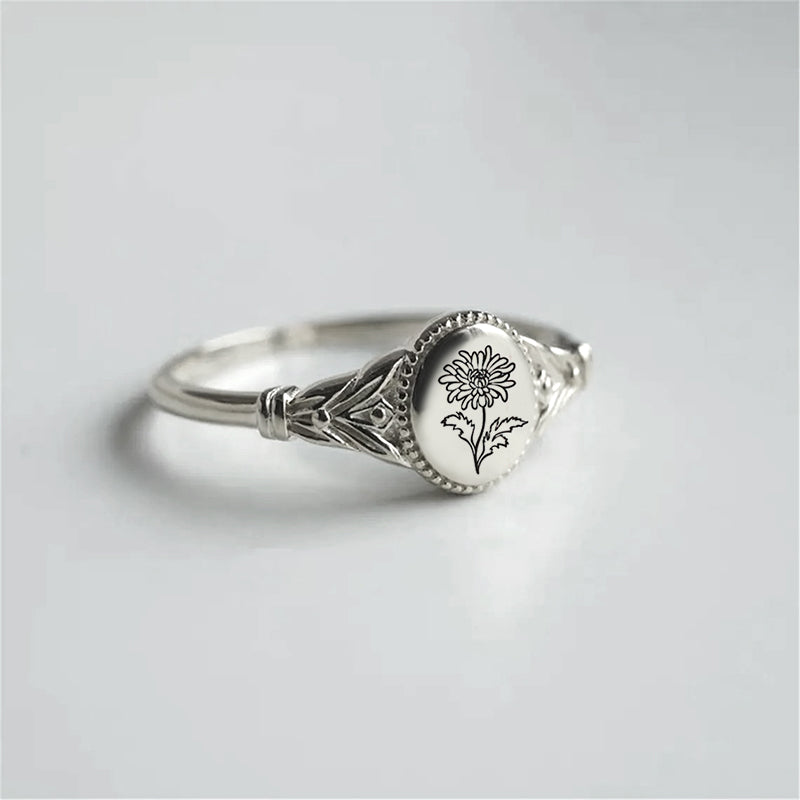 925 Sterling Silver Birth Flower Ring Vintage Flower Signet Ring Mother's Day Gift