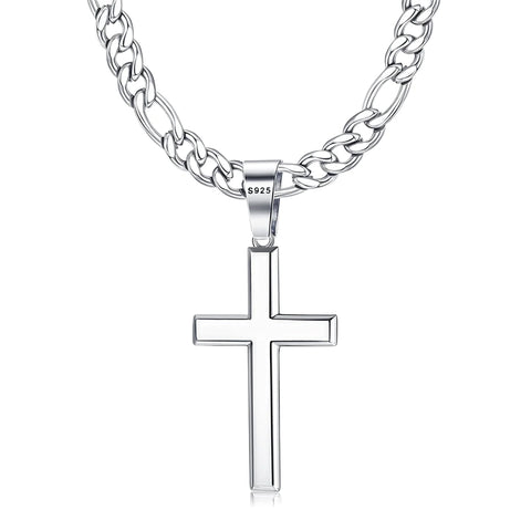 Sterling Silver Cross 5mm Stainless Steel Diamond-Cut Durable Figaro Chain Pendant Necklace