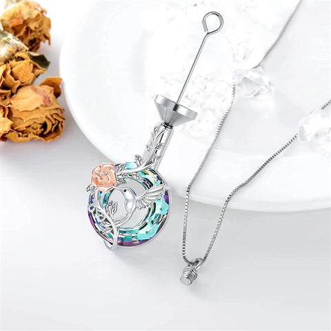 Sterling Silver Crystal Hummingbird Urn Necklace for Ashes
