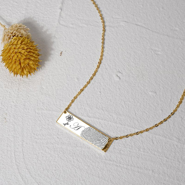 Sterling Silver Fingerprint Necklace Birth Flower Necklace Initial Necklace Personalized Bar Necklace