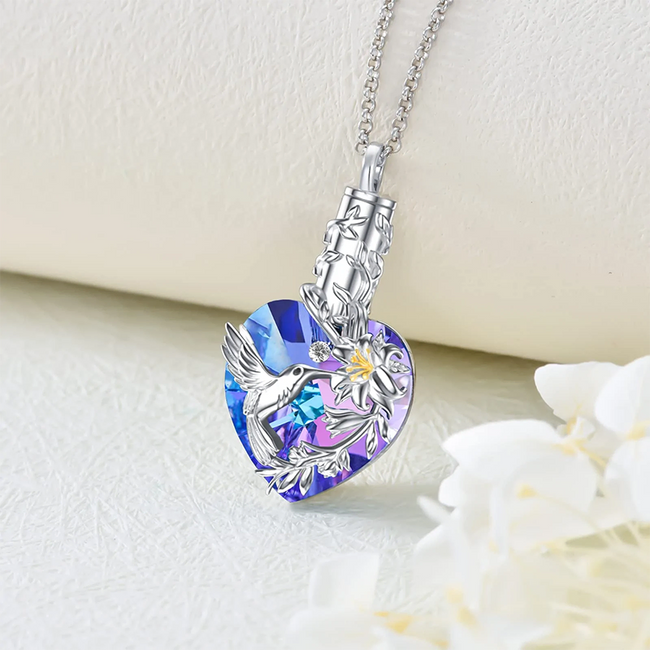 Hummingbird Urn Necklace for Ashes Sterling Silver with Crystal Heart Cremation Jewelry Keepsake Jewelry for Women
