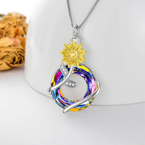 Sunflower Urn Necklace for Ashes 925 Sterling Silver with Crystal Cremation Necklace Memorial Jewelry Keepsake for Women