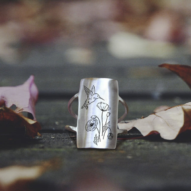 925 Sterling Silver Hummingbird Ring with Flowers Hummingbird Jewelry Gift for Her