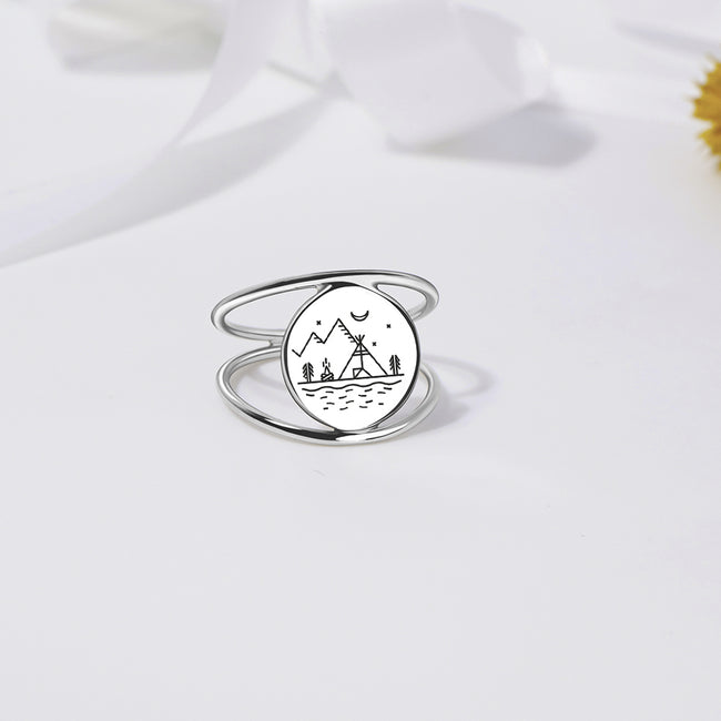 S925 Sterling Silver Nature Sunrise Ring Camping Ring Gift for Outdoor Lover