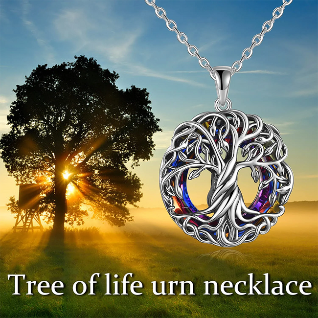 Cremation Jewelry s925 Sterling Silver Tree of Life Urn Necklace Keepsake Ashes Hair Memorial Locket with Circle Crystal