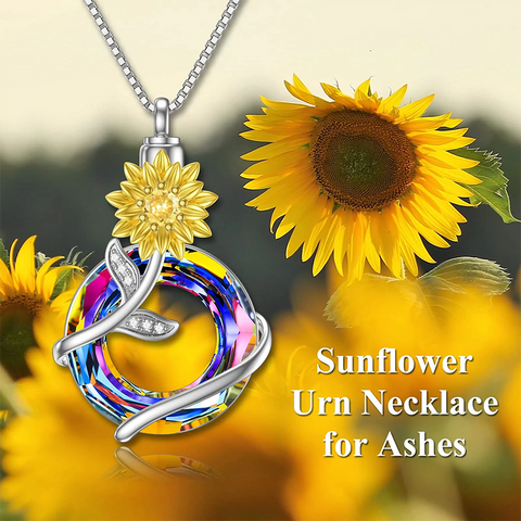 Sunflower Urn Necklace for Ashes 925 Sterling Silver with Crystal Cremation Necklace Memorial Jewelry Keepsake for Women